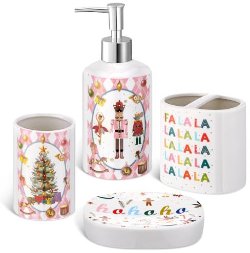 Pink Christmas Bathroom Accessories Set of 4, Pink Nutcracker Xmas Bathroom Decor Include Pink Nutcracker Ballet Soap Dispenser Tumbler Pink Xmas Toothbrush Holder and Soap Holder(Nutcracker)