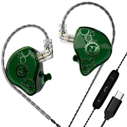 ND Venus in Ear Monitor Headphones, 10mm Double Magnetic Dynamic Driver IEM Earphones, HiFi Wired Gaming Earbuds, 2 Pin Detachable Cable (with Mic, Green, USB-C Port)