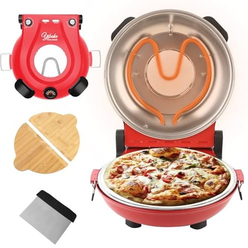 YIBAKE Forno Pizza Elettrico, Pizza 4' Minuti, Φ 31cm Pietre da Forno, Max 420℃ Forno Pizza, inkl. Pala per Pizza, Raschietto e Ricette Rosso