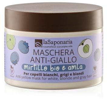 La Saponaria | Maschera capelli Anti-Giallo: trattamento naturale al 100% con Mirtillo Bio e Amla, ideale per neutralizzare i riflessi gialli su capelli bianchi, grigi o biondi. Formato 200 ml.