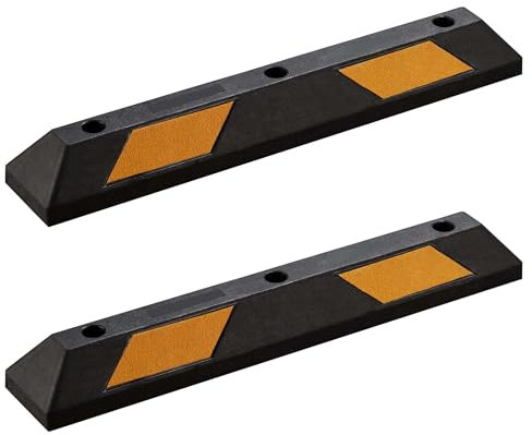 Wiltec Juego 2 topes de aparcamiento 90 x 15 x 10 cm caucho con bandas reflectoras alta visibilidad topes de rueda de fácil instalación ideal para garajes, parkings y zonas de estacionamiento