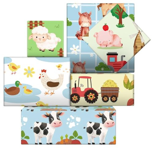 6 Bögen süßes Geschenkpapier mit Bauernhoftieren für Kinder, Bauernhof-Geschenkpapier mit Pferd, Kuh, Huhn, Ente, Schwein, Schaf für Weihnachten, Geburtstag, Frühling, Herbst, Jungen, Mädchen, 51 x 68