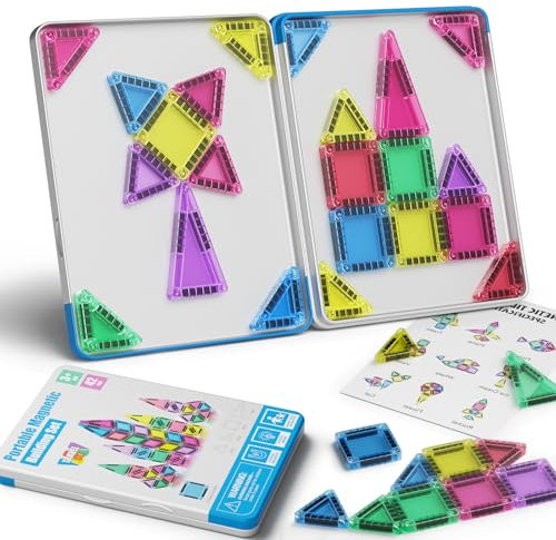 Magnetic Tiles Construction Set 42pcs Travel Toys for Kids Portable Travel MINI Magnetic Tiles Toy Magnet Toys On-The-Go Fun STEM Travel Set Montessori Toy Gift for 3+ Years Toddlers