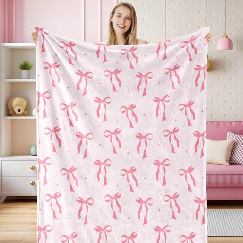 JarThenaAMCS Flauschige Decke mit rosa Schleife, niedlich, kokett, ästhetisch, Schleife, gemütlich, Flanelldecken für Mädchen, Picknick, Zuhause, Bett, Sofa, Couch, Stuhl, Weihnachten