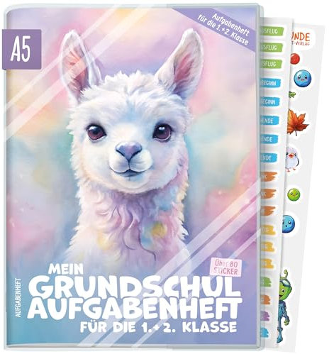 Hausaufgabenheft Grundschule A5 für die 1. + 2. Klasse ohne Datum mit Schutzhülle, Stickern, Lern- und Denkspielen Alpaka - nachhaltig & klimafreundlich