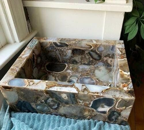 Lavabo de baño de ágata gris oscuro con aspecto real de ágata epoxi, recipiente para decoración del hogar y hotel, 45,7 x 45,7 cm