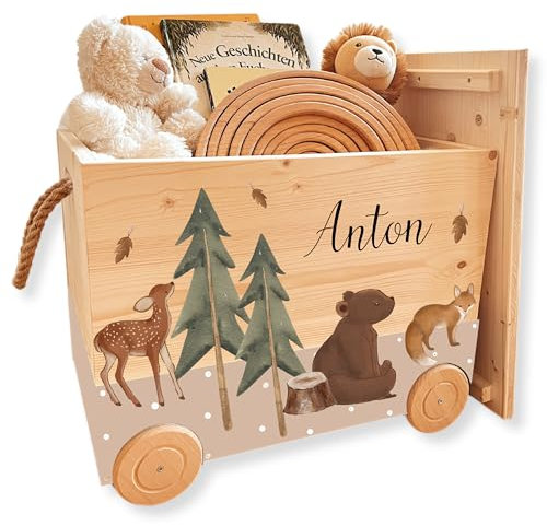 EmiliaLotte Personalisierte Spielzeugkiste mit Deckel aus Holz I Montessori Spielzeug Holzkiste mit Rollen zum Ziehen I Erinnerungskiste mit Wunschname - Waldtiere