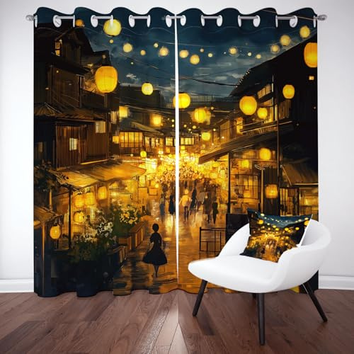 Meugesoi Japanischer Anime Vorhang Blickdicht H200 × B140 cm 2er Set, Laterne Thermovorhang Verdunkelung mit Ösen Gardinen für Wohnzimmer Schlafzimmer Kinderzimmer