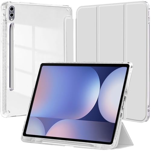 Custodia per Samsung Galaxy Tab S10+ 2024/Tab S9 FE+/S9+ 2023 12,4 Pollici con S Pen Holder, Chiaro Trasparente Retro Conchiglia Sottile Antiurto Tablet Cover, Auto Sveglia/Sonno, Argento