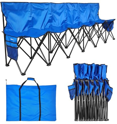 VEVOR Portable Folding Bench, 6 Seat Foldable Soccer Bench with Side Pockets and Carrying Bag, Lightweight Sideline Seating with Back Rest for Football, Baseball, Camping, Outdoor Events, Blue