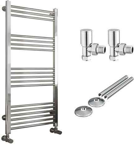 Chrome Bathroom Straight Heated Towel Rail Radiator 600 x 1200 Angled Manual Valves with Pipe Covers & Collars