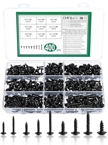 400 Pcs Black Self Tapping Screws, Self Drilling Screws Assortment, M3 M3.5 M4 M5 Pan Head Metal Screws Kit for Wood, Metal, Plastic Repairs