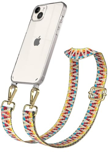 EAZY CASE Handykette - Verstellbares Taschenband kompatibel mit iPhone 14 Plus, Schulterriemen, Handykordel mit Silikon Hülle, Umhängetasche, Regenbogen Gold