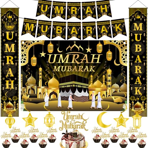 Umrah Mubarak Party Dekorationen Banner - 23 StüCk Gold-Schwarze Ramadan Eid Deko Party HäNgende Wirbel Hintergrund KuchenaufsäTze FüR Muslimische Islamische Muslimische Festivals