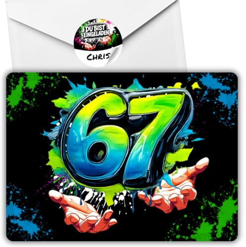 celebr8te 12x Grün/Schwarz 67 Einladungskarten – Teenager & Kindergeburtstag für Jungen & Mädchen – coole Urban- & Graffiti Einladungen +12 Umschläge +12 Sticker