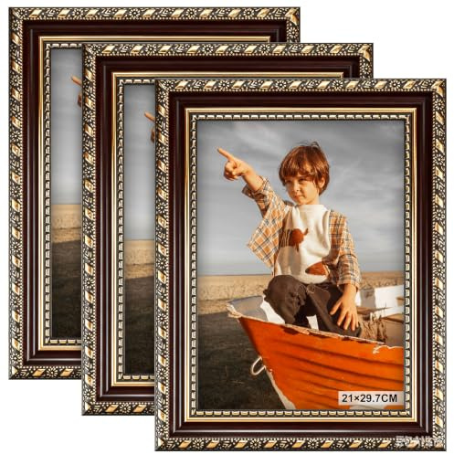 SIMDAO 3er Set Vintage Bilderrahmen - A4 21×29.7 Barockstil Fotorahmen, Retro Braun mit Goldener Rand zum Aufstellen oder AufhängenFür Wand Oder Tisch, Klassisch Dekorativ Für Zuhause Oder Büro