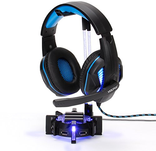 ENHANCE Headphone Stand for Gaming Headset with 4 Port USB Hub, Customizable LED Lighting, Flexible Acrylic Neck - Universal Headset Hanger for Headphones with Weighted Base, Desktop Accessories
