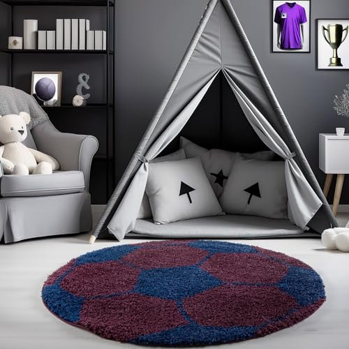 Carpetsale24 Kinderteppich Rund 100 cm Marineblau Rot – Weicher Hochflor Spielteppich mit Fußball Motiv – Pflegeleicht & rutschfest – Ideal für Jungenzimmer & Mädchenzimmer im Jugendstil