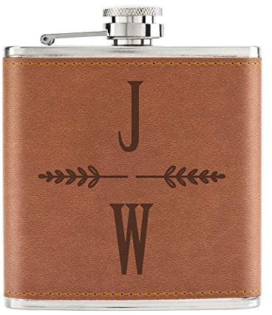 Personalised Custom Initials Fern 6oz PU Leather Hip Flask Tan