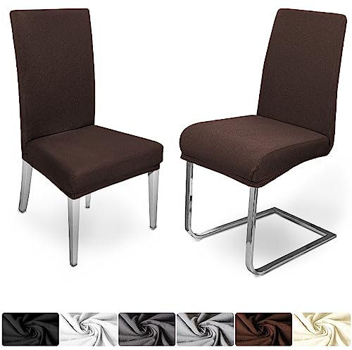 DecoHomeTextil Heimtextilmanufaktur Universal Stretch Uni Stuhlhusse Stuhlhussen Husse Hussen mit 200g/m² 2er Set Braun Farbe und Set Größe wählbar Stuhlbezug Stuhlüberzug Elastisch