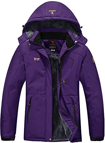 donhobo Womens Waterproof Jacket Winter Warm Fleece with Hood Windproof Camping Hiking Coat(Purple,XL)