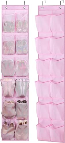 MISSLO Kids Over the Door Hanging Shoe Storage Narrow Shoe Organiser Rack with 12 Mesh Pockets Door Organizer for Girl Women Men Baby for Nursery Bathroom Closet Holder Hanger, 2 Packs, Pink