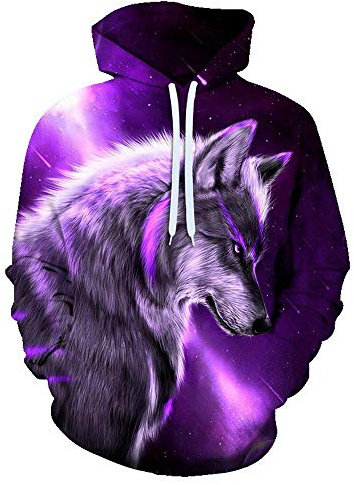 Laizs Felpe Pullover Coulisse 3D Hoodie con Cappuccio Funky Stampato Unisex novità Felpa Tasca Sweatshirt Lupo Viola A5124,S