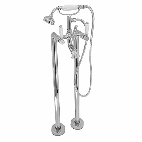 ENKI, Downton, BT0509 Floorstanding Bath Shower Mixer Tap with White Ceramic Levers Chrome
