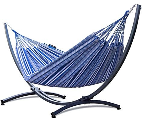 Potenza Outdoor Hängematte mit Gestell für 2 Personen I Pereira - 100% Baumwolle Doppelhängematte 220x140 cm, 160kg I Hängemattengestell 220kg, wetterfest (Baltica, Basic Gestell Graphit)