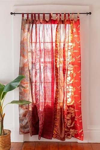 KRAAFTY Rideaux Indiens en Soie Mélangée - Patchwork Unique pour Salon et Chambre à Coucher - Décoration d'Intérieur Filtrant la Lumière (Rouge)