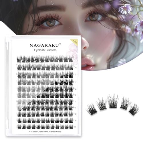 NAGARAKU Racimos de Pestañas 132 Pcs 50D Denso DIY Pestañas Pelo a Pelo Tallo Ancho Banda Delgada Segmentado Pestañas Individuales Mega Volumen Lash Cluster Suaves Uso Edoméstico(T50 0.07 D 9-14mm)