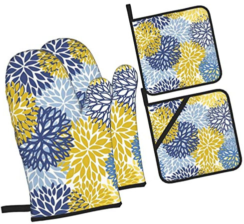 Ofenhandschuhe und Topflappen mit rosa Rosen, floralem englischem Muster, 4er-Set, hitzebeständige Ofenhandschuhe für die Küche, rutschfeste Grill-Topflappen, Hot Pads zum Kochen, Backen, Grillen