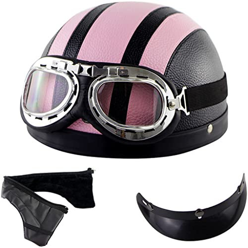 qloijnv Portatile Jet Casco Scodella Vintage in Pelle Adulti Mezzo Casco per Adulto Unisex Omologato ECE Quattro Stagioni Casco da Ciclismo retrò per Scooter Ciclomotore Cruiser