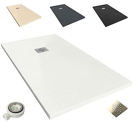 NEBADOON | Plato de Ducha de Modelo Roma II – Plato Ducha Resina con Textura Pizarra - Antideslizante y Antibacteriano – Blanco (RAL 9003) 80x80 cm – Incluye Válvula Desagüe y Rejilla