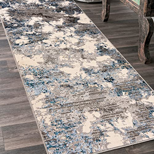 Mazovia Teppich Läufer Flur - Modern Teppichläufer – Kurzflor, Weich - für Vorzimmer Eingangsbereich Schlafzimmer Küche Korridor - Abstrakt Muster 100 cm Breite - Beige Blau Grau 100 x 625 cm