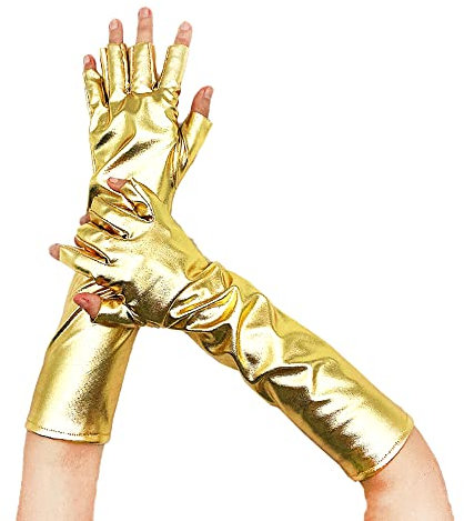Glänzend Fingerlose Handschuhe,Metallic Glitzer Handschuhe Shine 35 cm-Zubehör Gloves Prinzessin Show Tänzerin Flapper Girl Abendkleid Kostüm Karneval Junggesellenabschied Mottoparty Tanzshow,Gold