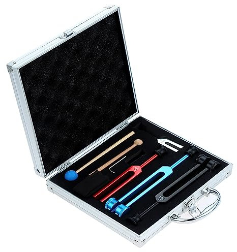 DRELD 4 Stück Solfeggio Stimmgabel Set 128Hz, OM 136.1Hz, MI 528Hz, 4096Hz Aluminium Stimmgabel Set mit 2 Hämmern 1 Aufbewahrungsbox für Heilung Klangtherapie Vibration (bunt)