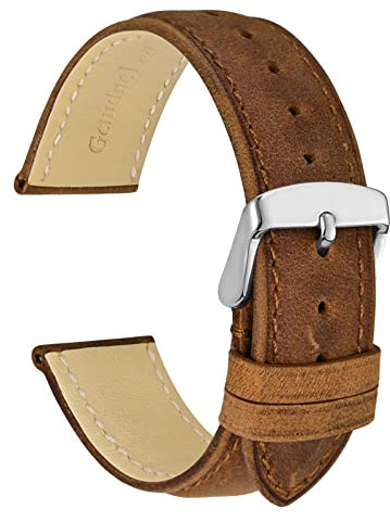 WOCCI 20mm Uhrenarmband aus Echtem Leder mit Silberner Schnalle (Karamell Braun)