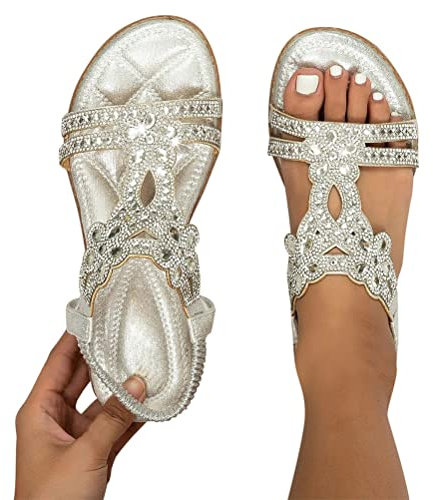 Minetom Flache Sandalen Damen Strass Boho T-Riemen Frauen Sandalen Weichen Sohlen Sommerschuhe Gummiband Slingback Zehentrenner Sandalen Mädchen Strandschuhe A Silber 43 EU