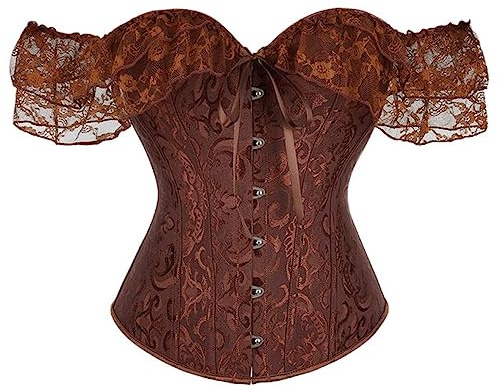 OKGD 6 Brooches 12 Plastic Bones Victorian Women's Pink Red Apricot Green Blue Brown Black Lace Corset with Sleeves-Brown,L