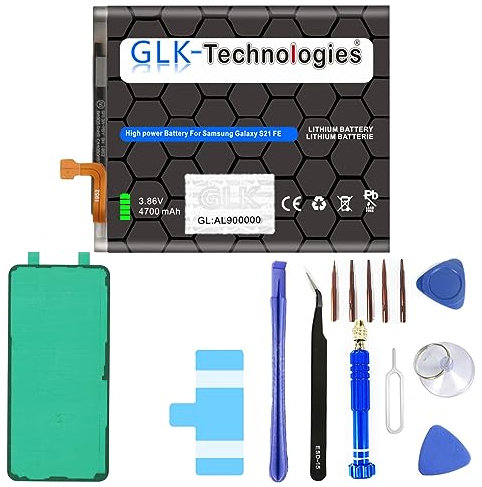 GLK-Technologies® Batteria di ricambio ad alta potenza, compatibile con Samsung Galaxy S21 FE 5G SM-G990 EB-BG990ABY, batteria da 4700 mAh, incl. set di attrezzi professionali NUE 2025 BJ
