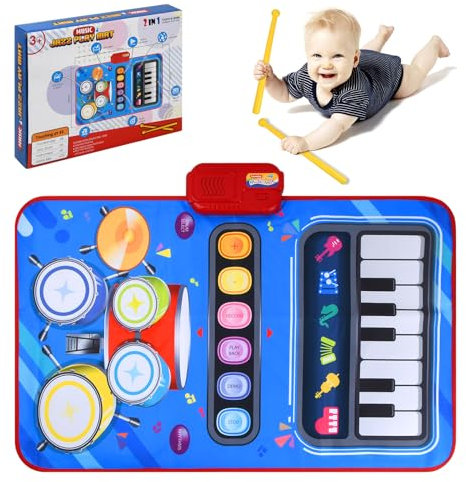 Jinlaili 2 in 1 Musikmatte Kinder mit 2 Trommelstock, Klaviermatte Piano Matte Tanzmatte, Trommelspielzeug, Musikmatte Trommel für Kinder, Kinderspielzeug ab 1 2 3 Jahre