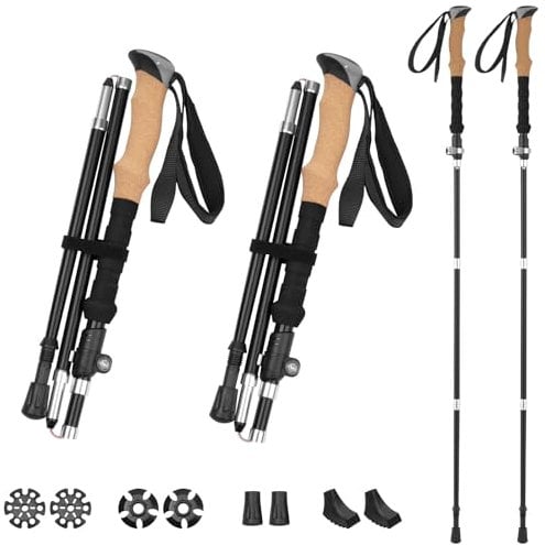 FAEFTY Wanderstöcke Faltbar, Nordic Walking Stöcke Damen Herren, Trekkingstöcke Faltbar Wanderstöcke Teleskop, Verstellbar, Leicht Aluminium 115-135cm mit Korkgriff und 4 Paar Gummipuffer