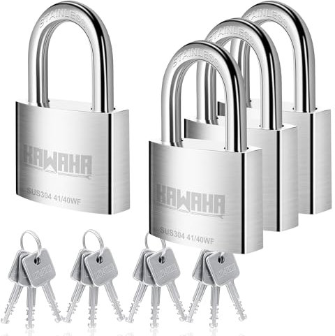 KAWAHA 41/40-4PS Hochsicherheits-Vorhängeschloss aus Edelstahl mit Edelstahlschlüssel für den Innen- und Außenbereich (robust, rostfrei) (40 mm, gleichschließend, 4 Stück)