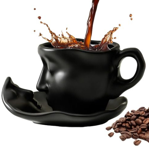 Tazza con Faccia, Tazze in Ceramica con Piattino, Faccia Tazze da caffè Set di Ceramica Baci Coppia di Tazza da caffè, 100 Ml, Regali per Donne/Regali per Uomini