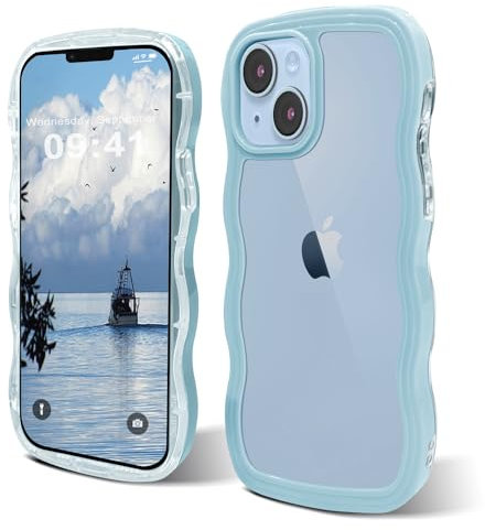 ORDA for iPhone 15 Case Cute Wave Frame Curly Shape Shockproof Hard PC Phone Cover for Women and Girls Compatible with for iPhone 15 6.1 inchs Blue