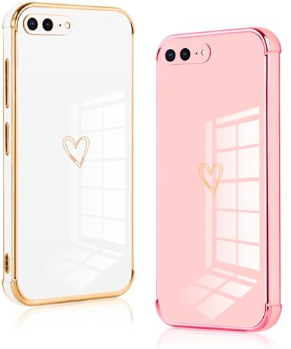 Vauki 2 Pezzi Cover per iPhone 8 Plus/iPhone 7 Plus 5.5, Custodia con Motivo Cuore Love, Antiurto Ultra Silicone TPU Morbida Case con Protezione Della Fotocamera Ragazzi e Ragazze, Bianco e Rosa