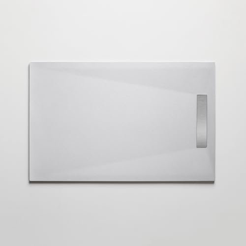 Plato de ducha resina 70 x 140 cm, acabado piedra, color blanco, modelo PURE con rejilla inoxidable y pileta incluidos
