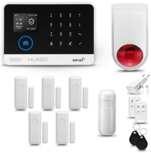 HUXGO® HXA003 Funk Alarmanlage Set WiFi + GSM 4G mit Alarmsirene Solar | Alarm System mit Bewegungsmelder, 5X Fensteralarm/Türsensoren | Alarmanlage für Haus, Wohnung, Wohnmobil | Smart Home