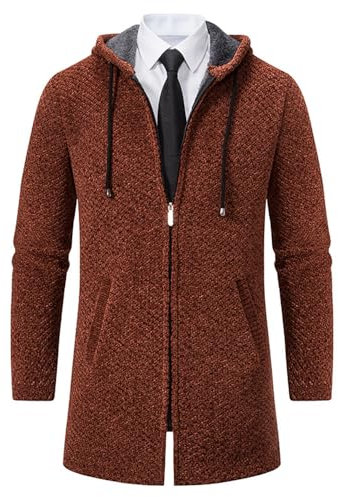 Kapuzenjacke Herren Mittlere Länge Langarm Jacke Slim Retro Casual Jacke Herren Einfarbig Strickjacke Herren Outdoor Winddichte Warm Kältejacke Herren B-Caramel XL